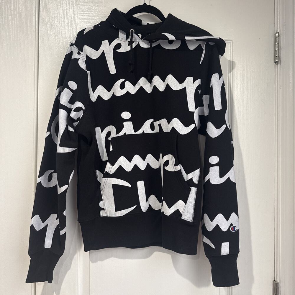 Champion Reverse Weave All Over Print AOP Hoodie Black White Pullover Size Small